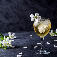 Apple alcoholic cocktail with sparkling wine in glass on a dark background. Refreshing cool summer drink, lemonade or ice tea decorated with apple tree petals. Copy space for text, low key