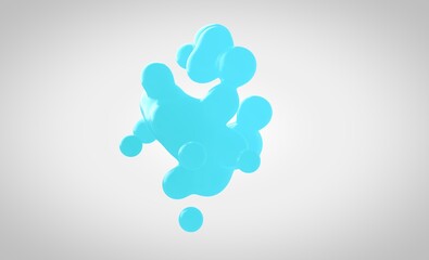 Cyan metaball in 3d. Small drops are separated from the liquid sphere and connected together on a white background. Liquid molecule decaying in 3d render.
