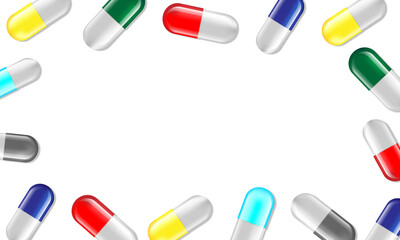 Blank frame capsules medicine and pills top view. Vector illustration on white background. Health concept.