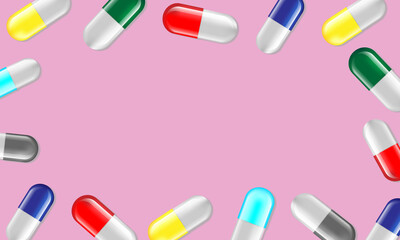 Blank frame capsules medicine and pills top view. Vector illustration on pink background. Health concept.