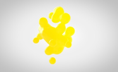 Yellow scratchy metaball in 3d. Small drops are separated from the liquid sphere and connected together on a white background. Liquid molecule decaying in 3d render.