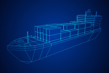 Heavy dry cargo ship of bulk carrier with freight containers. Wireframe low poly mesh vector illustration.