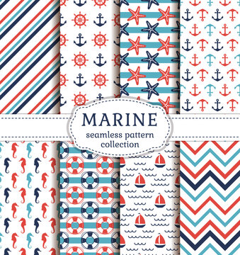 Set of marine and nautical backgrounds. Sea theme. Seamless patterns collection. Vector illustration.