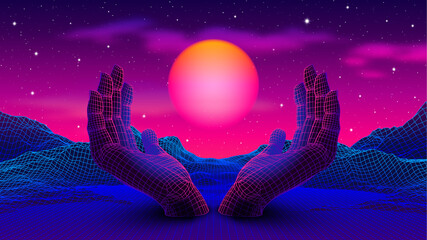 Neon colored 80s or 90s styled landscape with 3D hands holding the glowing purple sun