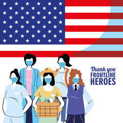 Thanks to the front line workers. Diverse people from different occupations wear protective masks.