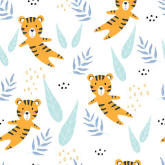 Seamless pattern hand drawn cartoon background with tigers and leaves