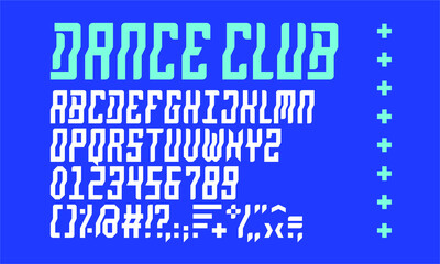 Custom made rounded sans serif font family alphabet called Dance Club with wavy, dimensional details, round and edgy edges, and strong, bold character presence.