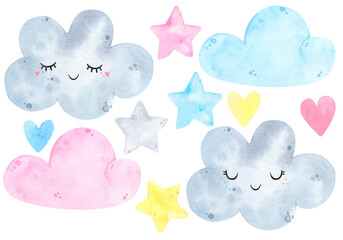 Watercolor cute colorful clouds star, hearts set. Sky, sleep, sweet dreams. Watercolor prints baby room, baby shower, greeting card. Hand drawn illustration. Nursery decor. Scandinavian
