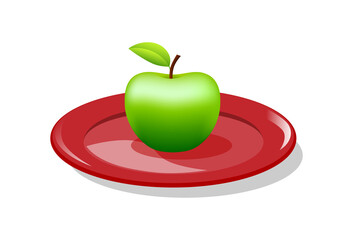 Green apple on red plate, vector illustration