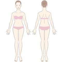 Full length front, back view of a standing woman with underwear.