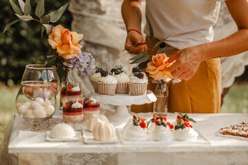 Fototapeta na wymiar Delicious wedding reception candy bar dessert table on the garden