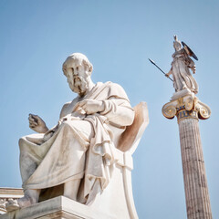Plato the philosopher and Athena goddess of knowledge and wisdom white marble statues, Athens Greece