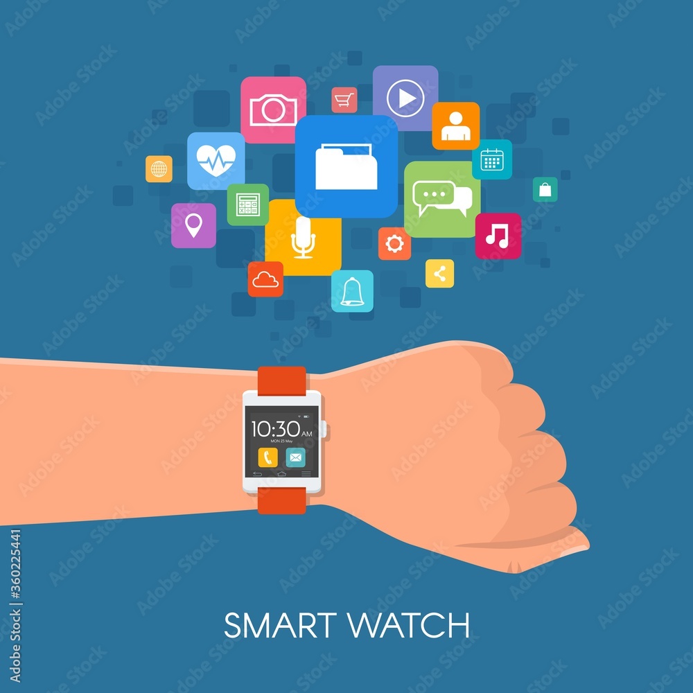 Poster hand with watch. vector illustration in flat style. design elements and app icons