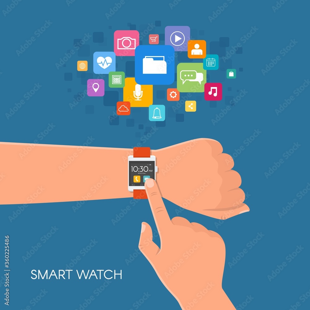 Poster hand with watch. vector illustration in flat style. design elements and app icons