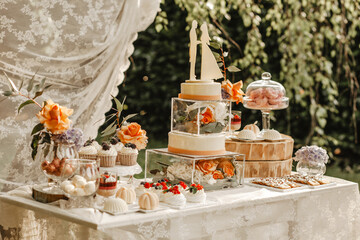 Delicious wedding reception candy bar dessert table on the garden