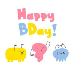 Hand-drawn funny tiny doodles-monsters with thin handles. Birthday greeting card. Funny smiling emoticons on their faces. Fashionable colorful illustration for children. Stock vector illustration.