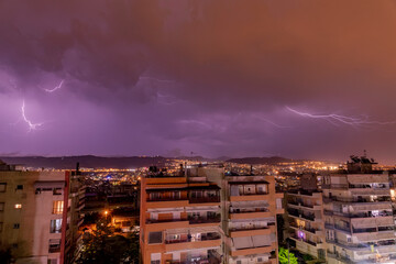 Lightning storm strikes the city of Thessaloniki, Greece