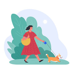 Alone at the fresh air. Vector illustration of young cartoon brunette woman in red dress walking with dog in a park. Isolated on white