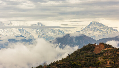 A dramatic view of the snowcapped Annapurna range seen from the Himalayan town of Tansen in Nepal.