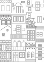 Seamless pattern or coloring page for european architecture as anti stress therapy, outline vector stock illustration with tiered houses