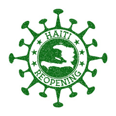 Haiti Reopening Stamp. Green round badge of country with map of Haiti. Country opening after lockdown. Vector illustration.