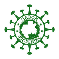 Gabon Reopening Stamp. Green round badge of country with map of Gabon. Country opening after lockdown. Vector illustration.