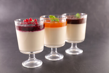 assorted of fresh panna cotta- strawberry, apricot and chocolate
