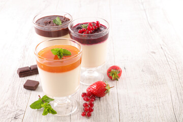 assorted of fresh panna cotta- strawberry, apricot and chocolate