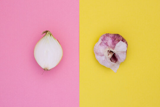 Onion vs Garlic. Two vegetables insection onion and head of garlic