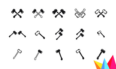 crossed axe and hammer, rustic vector collection isolated on white background, hipster logo design element