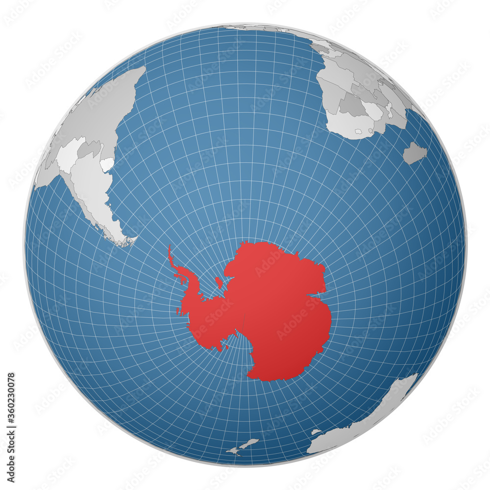 Poster globe centered on antarctica. country highlighted with red color on world map. satellite world proje