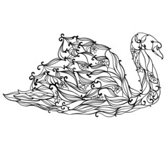 Zentangle swan outline of black flowing lines and patterns
