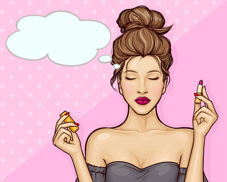 Pop art beautiful girl holding lipstick in hand. Pretty young woman paints her lips. Vector illustration on pink background, empty speech bubble.