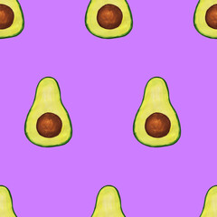 Seamless pattern with avocados on purple squared background. Raster illustration of a half of a hand drawn avocado.