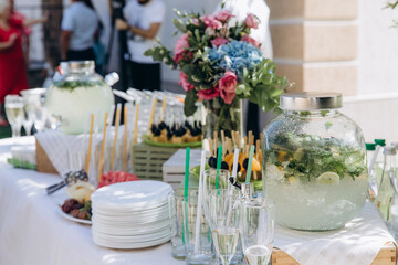 Toned drink on the table. Fruit drink.