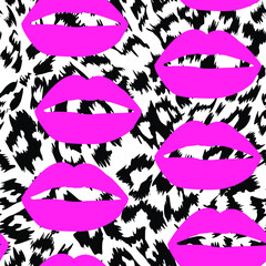 Pattern design of a leopard print lips and hearts on animal print background