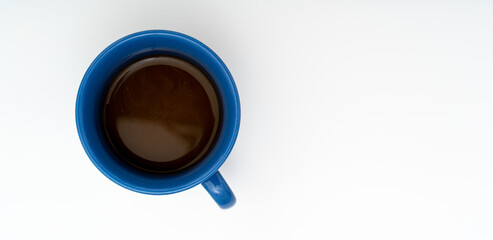 Top view, flat lay of black coffee cup on background white.
