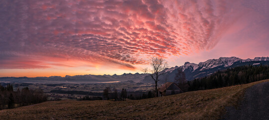 Sunrise over the Swiss mountains, Switzerland, Thun