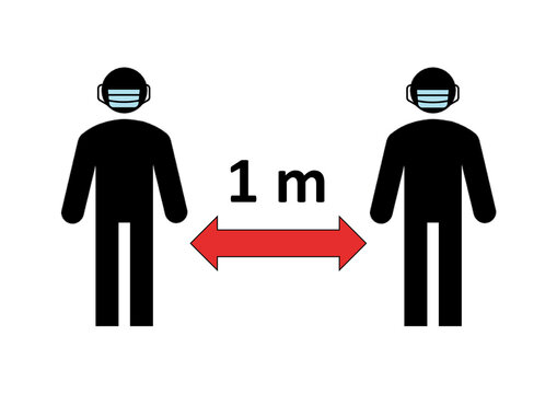 Symbol of the distance between 2 people to avoid covid-19 contagion during the 2020 coronavirus pandemic (1 meter). Wearing face mask is mandatory, obligation. Social distancing example, warning sign