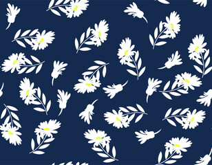 seamless vector flowers with leaves pattern on navy  background