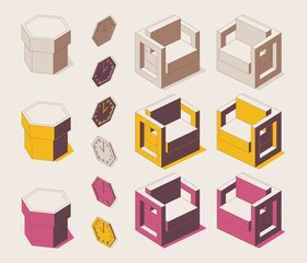 Isometric full color outline set for office. Bench, easy chair, watch drawn with pink and yellow in various foreshortening views