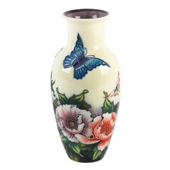 Decorative vase with flowers and butterfly on white background