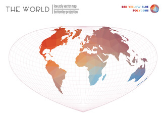 World map with vibrant triangles. Bottomley projection of the world. Red Yellow Blue colored polygons. Energetic vector illustration.