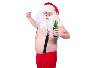 Funny Santa Claus is drinking beer.