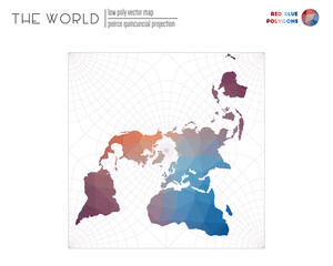 Fototapeta premium Abstract world map. Peirce quincuncial projection of the world. Red and blue colored polygons. Creative vector illustration.