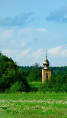 Orthodox chapel among the green forest against a clear sky. Vertical format.