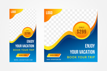 social media web banner design template for post vacation concept. The designs use orange and blue gradient on element. Space for photo collage with wavy style.  Vertical and horizontal layout. 