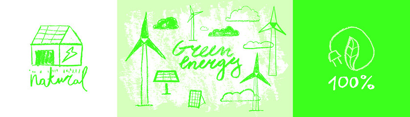 Ecology icons and eco friendly technology concept. Green energy emblem in hand drawn naive style. Vector childish illustration of wind turbines and solar power farms. Renewable energy. Global warming.