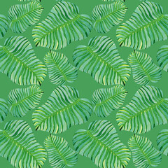 Naklejka na ściany i meble Tropical exotic leaves seamless pattern on a green background.