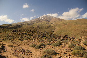 Damavand, the highest volcano mountain in Iran and Asia, in summer time. Famous destination for...